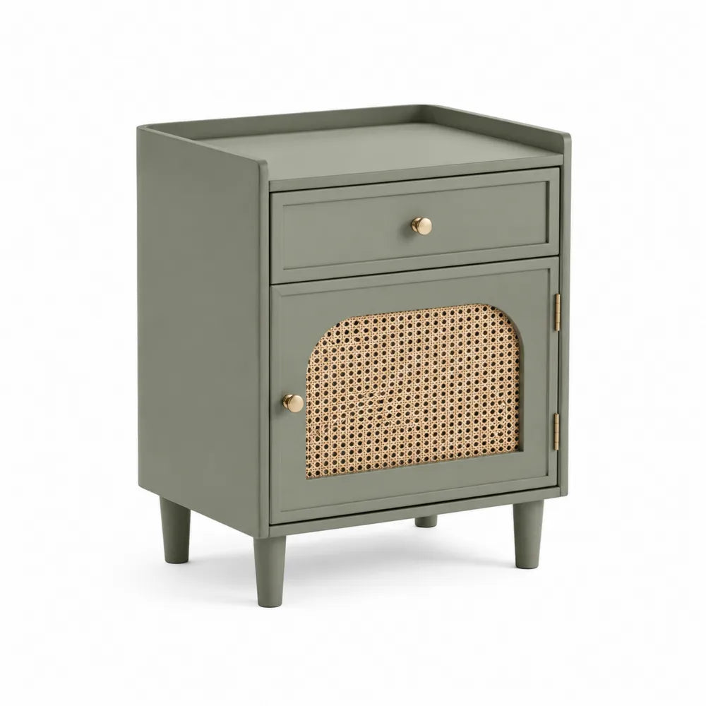 Comodino in Legno e Rattan con Cassetto e Anta