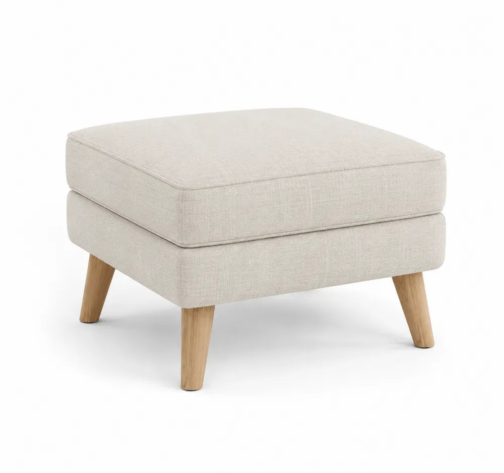 Poggiapiedi quadrato in tessuto beige con gambe in legno