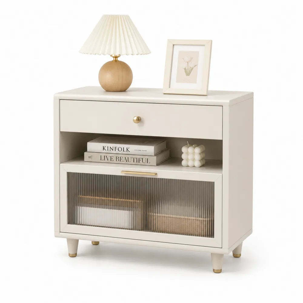 Comodino in MDF e Vetro Trasparente Bianco 65x45x30 cm