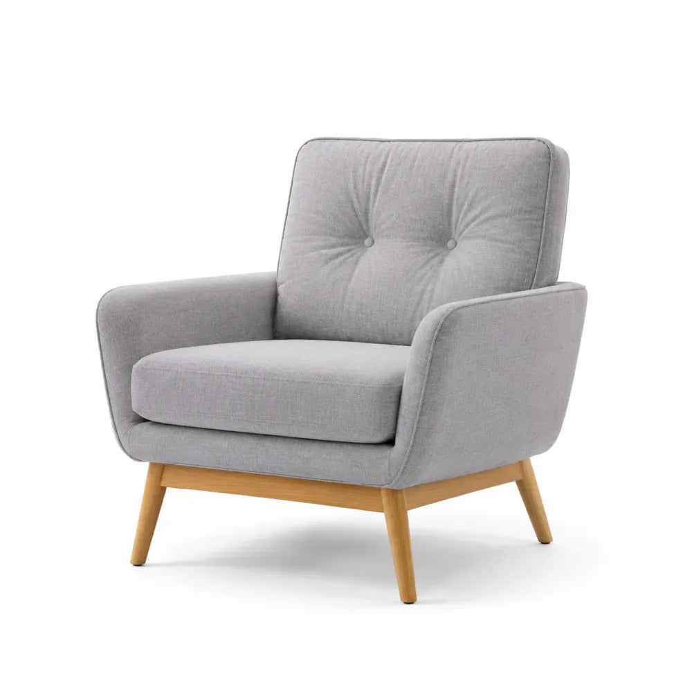 Poltrona in Tessuto Grigio con Gambe in Legno di Faggio